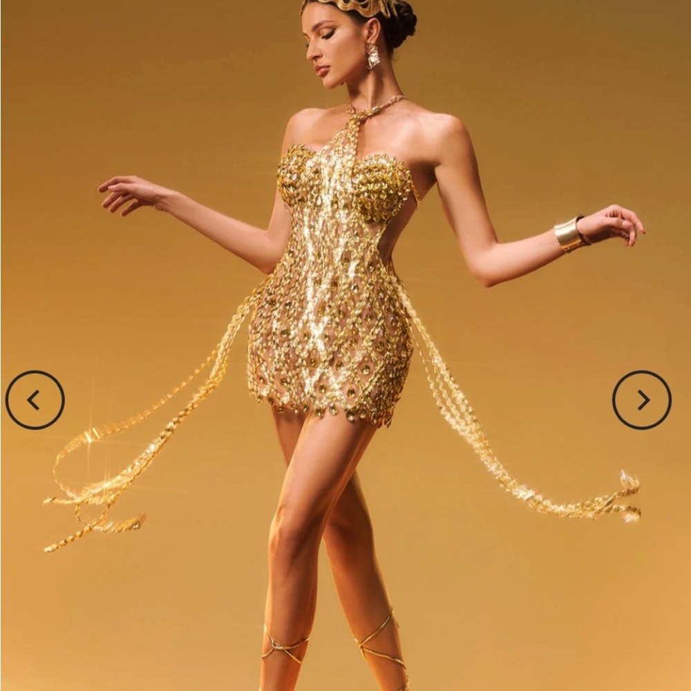 Diego rhinestone fringe mini dress in gold